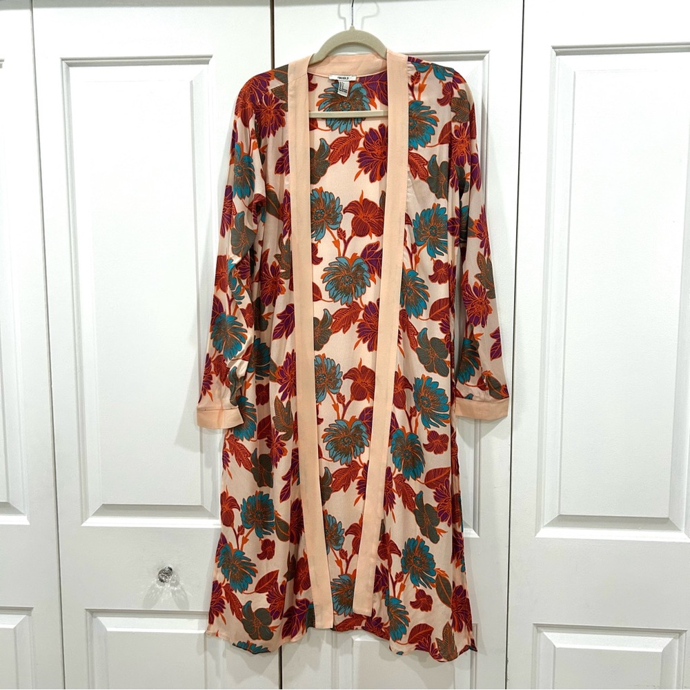 Forever 21 Floral Kimono Cover Up Robe Brown Cream Teal Size S